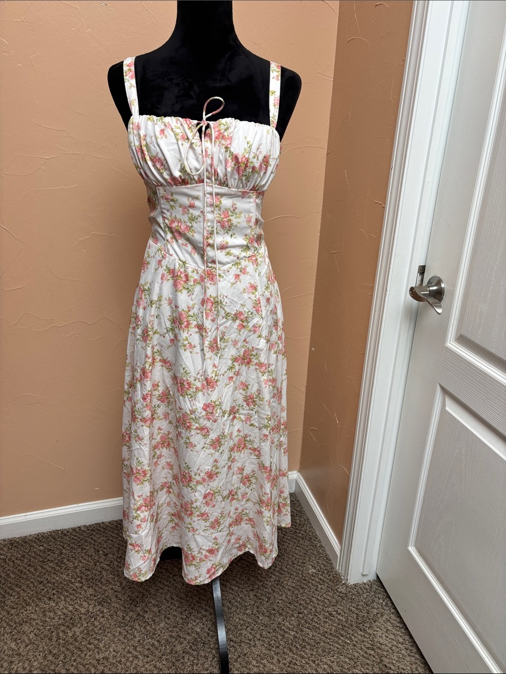 Floral White and Pink Sun Dress with Spaghetti Straps